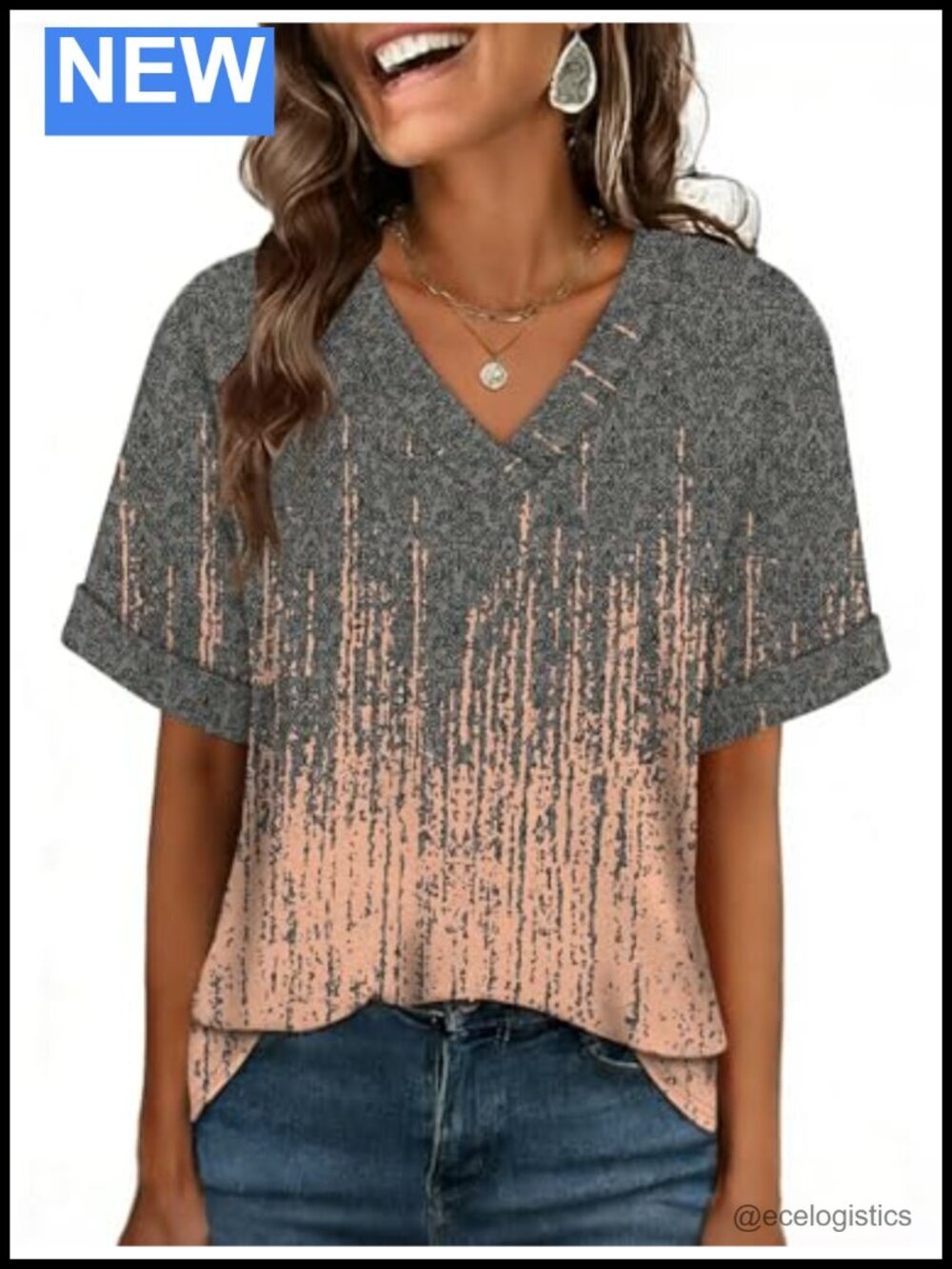 Oversized V Neck T Shirt Plus Size Summer Short Rolled Sleeve Blouse